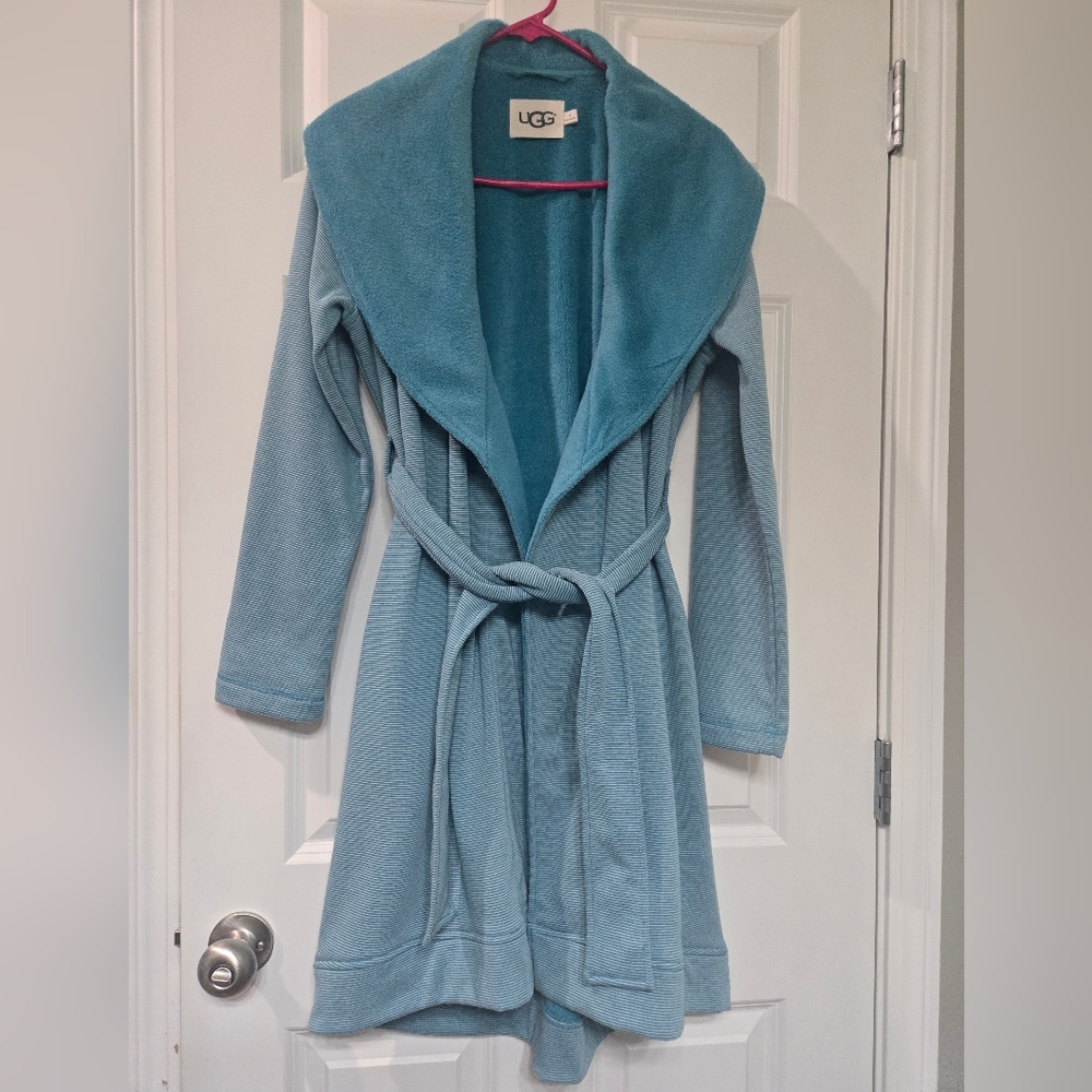 UGG Womens Size S Teal Colored Micro Striped Fleece Lined Robe